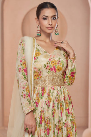 Awesome Floral Printed Work On Beige Color Georgette Anarkali Suit