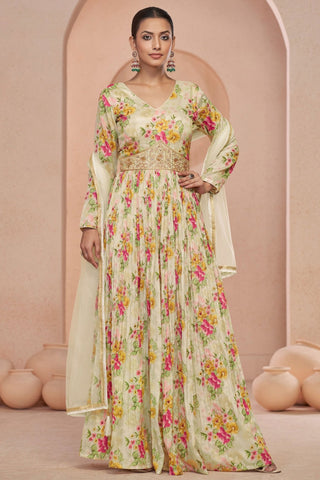 Awesome Floral Printed Work On Beige Color Georgette Anarkali Suit