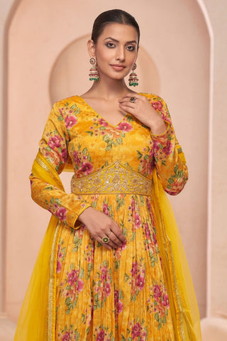 Tempting Yellow Color Georgette Anarkali Suit With Floral Printed Work