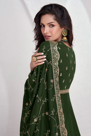 Dark Green Color Silk Festive Wear Embroidery Work Readymade Anarkali Gown With Dupatta