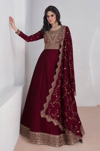 Maroon Color Silk Occasion Wear Embroidery Work Readymade Anarkali Gown With Dupatta