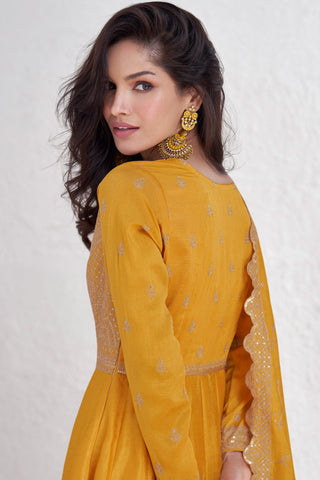 Silk Fabric Yellow Color Embroidery Work Designer Readymade Anarkali Gown With Dupatta