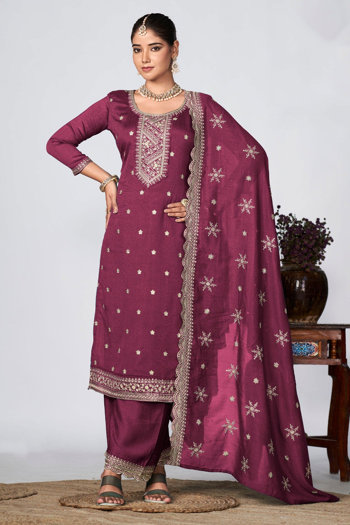 Tempting Fancy Fabric Pink Color Festive Wear Palazzo Suit