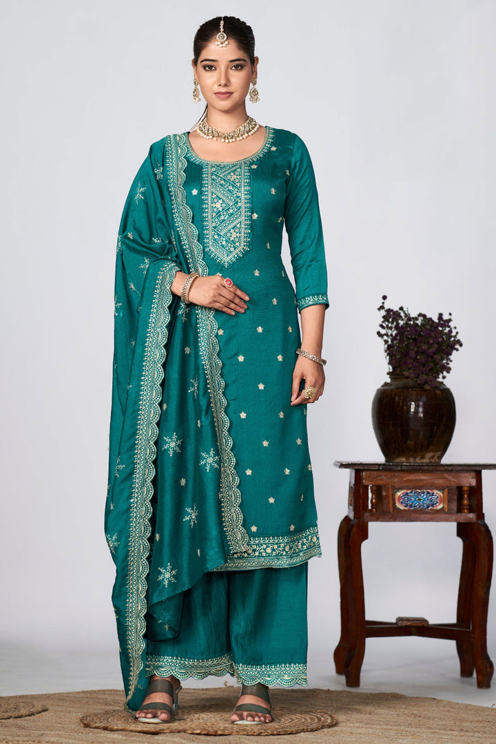 Engaging Cyan Color Fancy Fabric Festive Wear Palazzo Suit