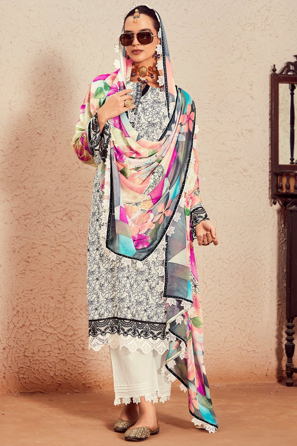 Beatific Muslin Fabric Digital Printed Salwar Suit In White Color