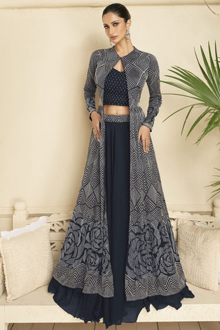 Diksha Singh Trendy Georgette Fabric Navy Blue Color Lehenga With Long Koti