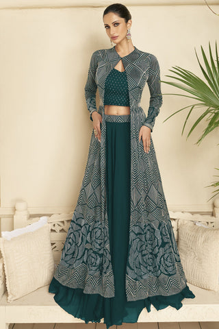 Diksha Singh Exclusive Teal Color Lehenga With Long Koti In Georgette Fabric