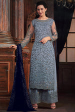 Load image into Gallery viewer, Excellent Net Fabric Sky Blue Color Embroidered Palazzo Suit
