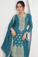 Load image into Gallery viewer, Vartika Singh Exclusive Cyan Color Readymade Palazzo Suit In Art Silk Fabric
