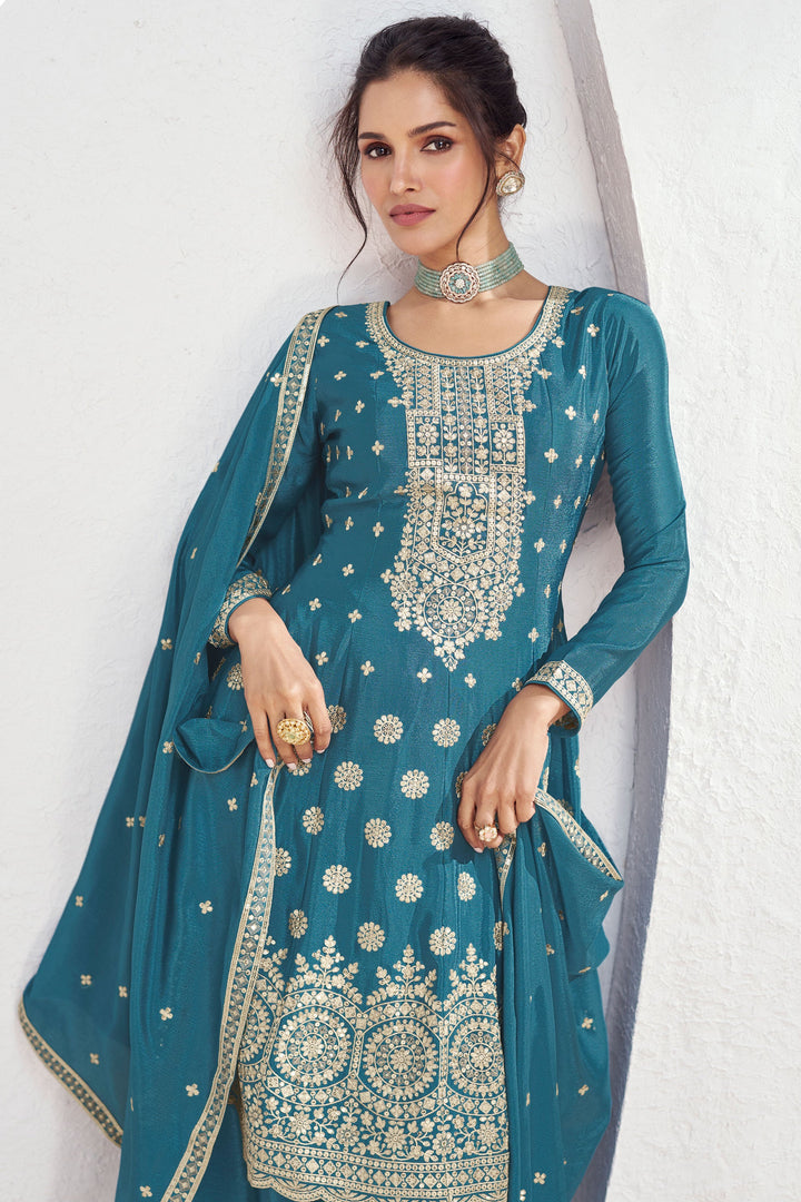 Vartika Singh Exclusive Cyan Color Readymade Palazzo Suit In Art Silk Fabric