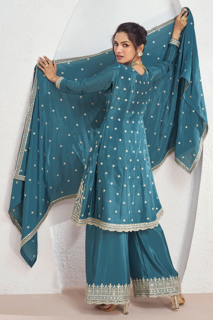 Vartika Singh Exclusive Cyan Color Readymade Palazzo Suit In Art Silk Fabric
