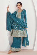 Load image into Gallery viewer, Vartika Singh Exclusive Cyan Color Readymade Palazzo Suit In Art Silk Fabric
