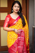 Load image into Gallery viewer, Mustard Color Exquisite Bandhani Style Printed Art Silk Saree
