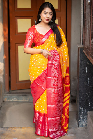 Mustard Color Exquisite Bandhani Style Printed Art Silk Saree