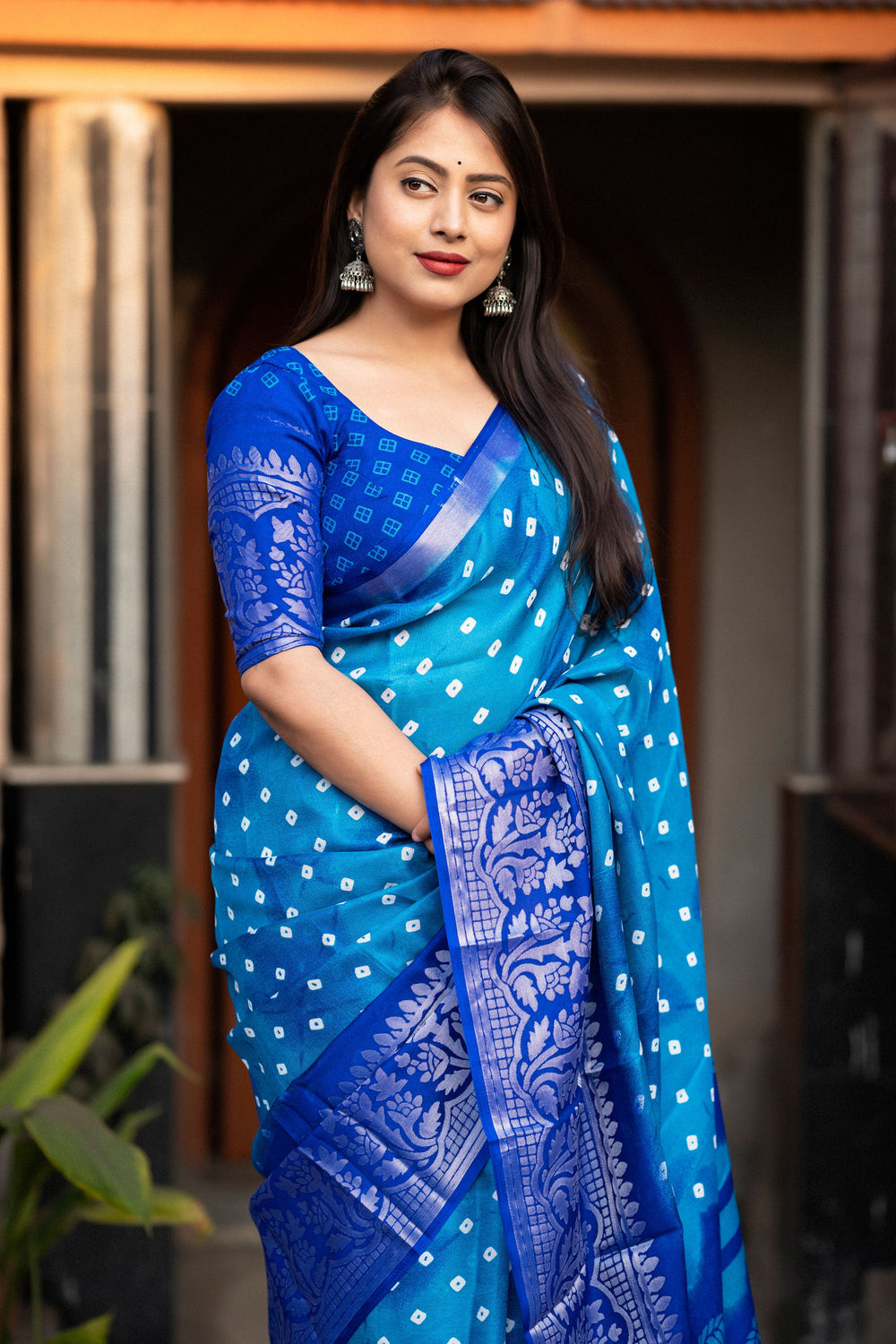 Attractive Bandhani Style Printed Art Silk Saree In Blue Color | Buy Online India