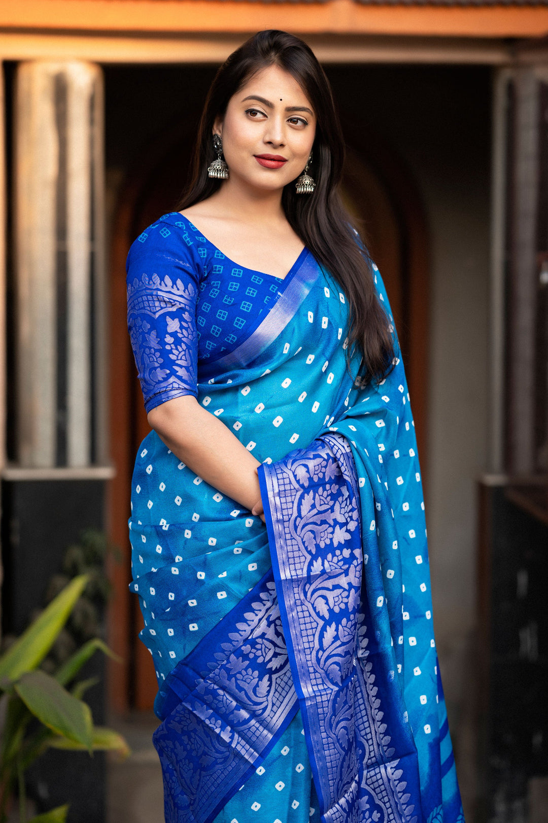 Attractive Bandhani Style Printed Art Silk Saree In Blue Color | Buy Online India