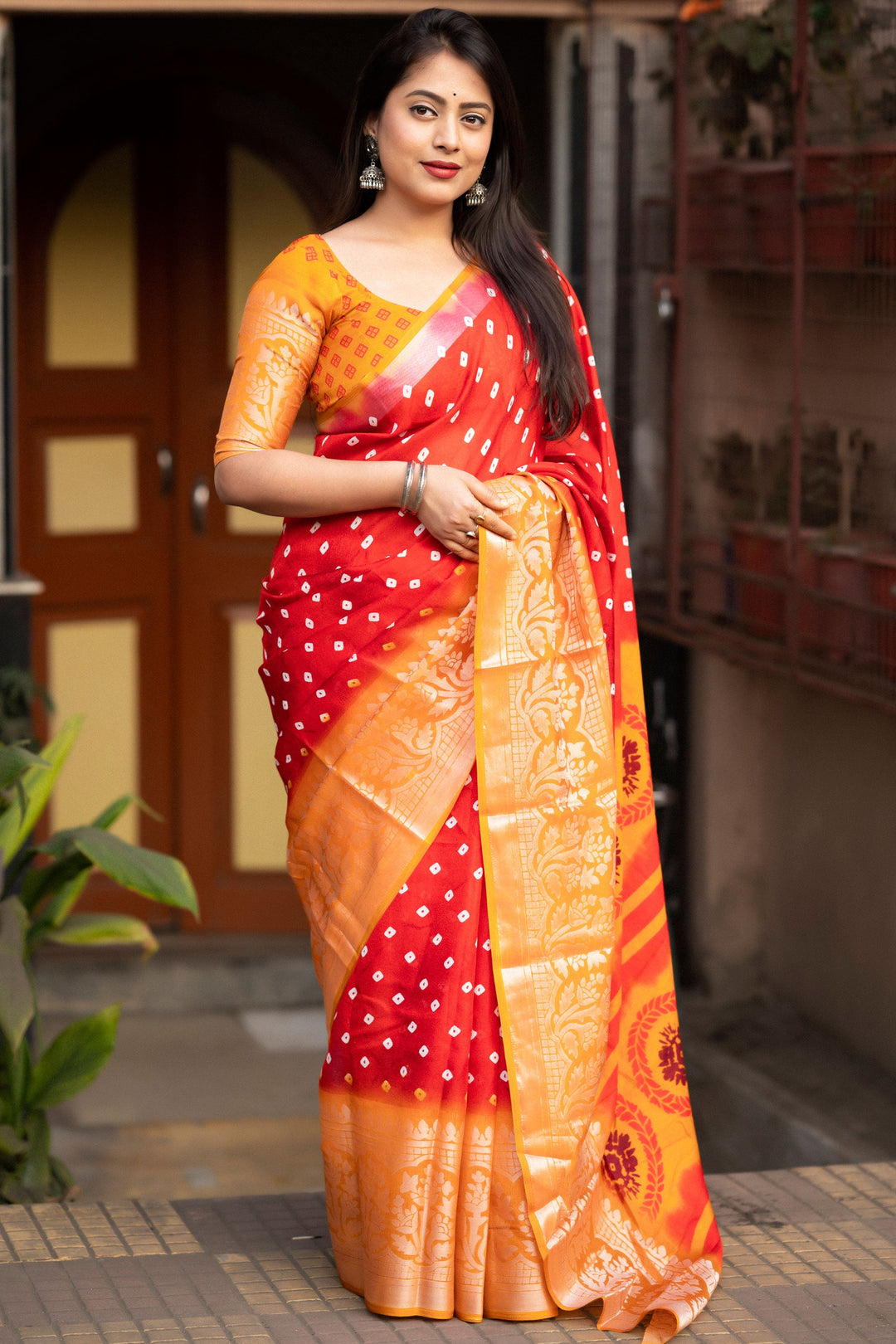 Alluring Red Color Bandhani Style Printed Art Silk Saree | Buy Online India