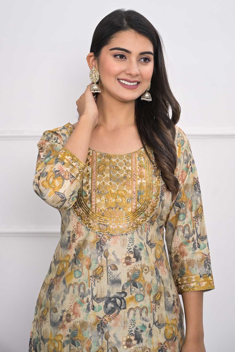 Beguiling Cream Color Chanderi Fabric Kurti With Bottom