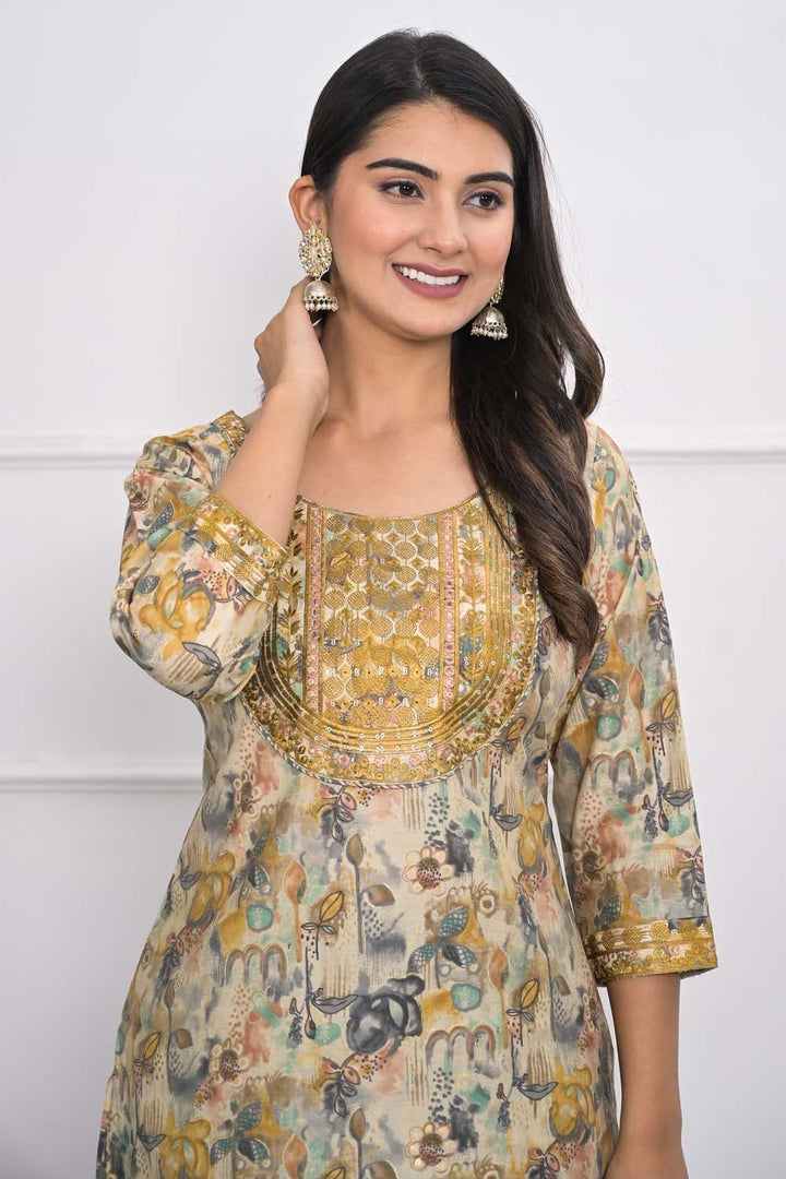 Beguiling Cream Color Chanderi Fabric Kurti With Bottom