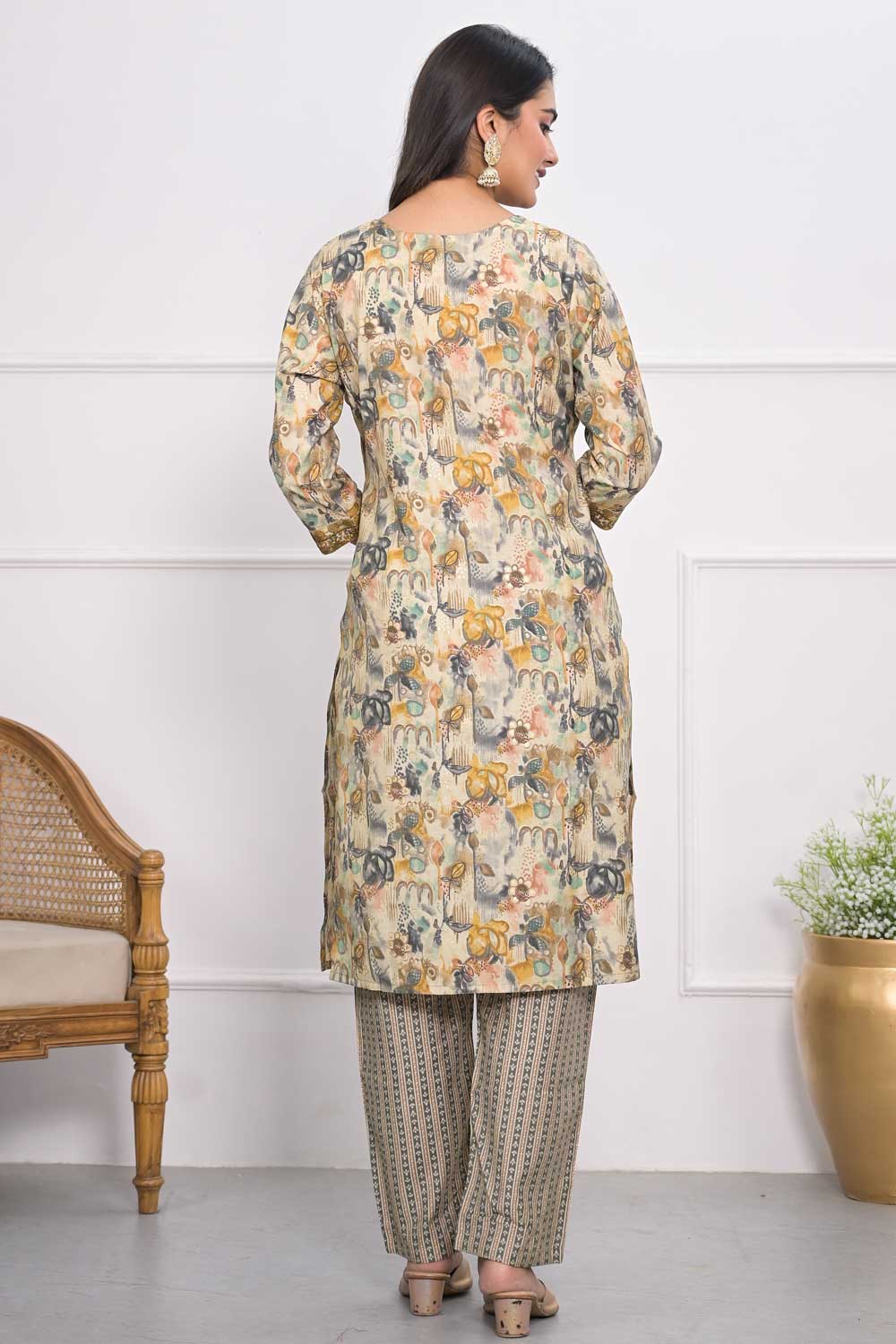 Beguiling Cream Color Chanderi Fabric Kurti With Bottom