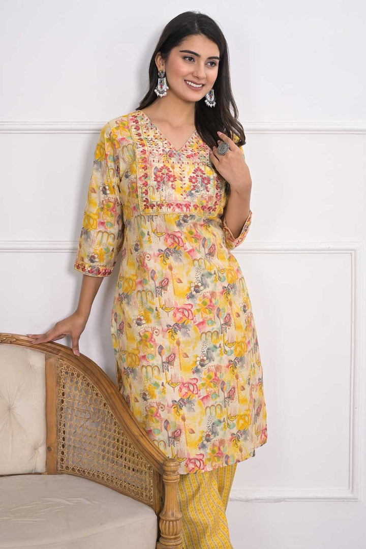 Classic Yellow Color Kurti Bottom Set in Chanderi Fabric