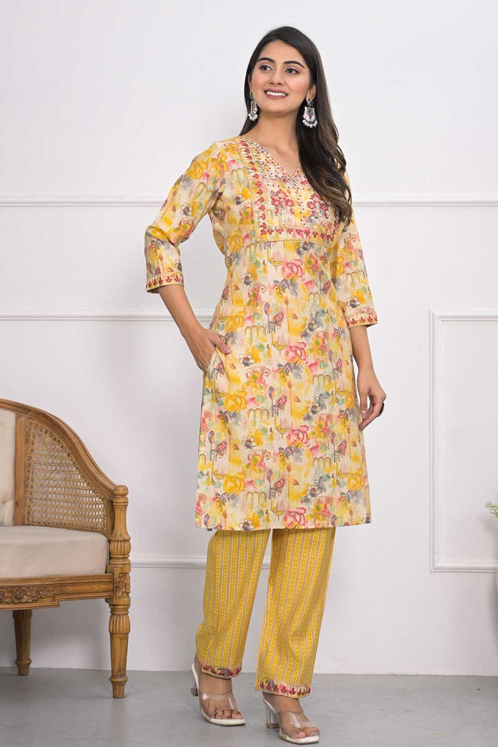 Classic Yellow Color Kurti Bottom Set in Chanderi Fabric