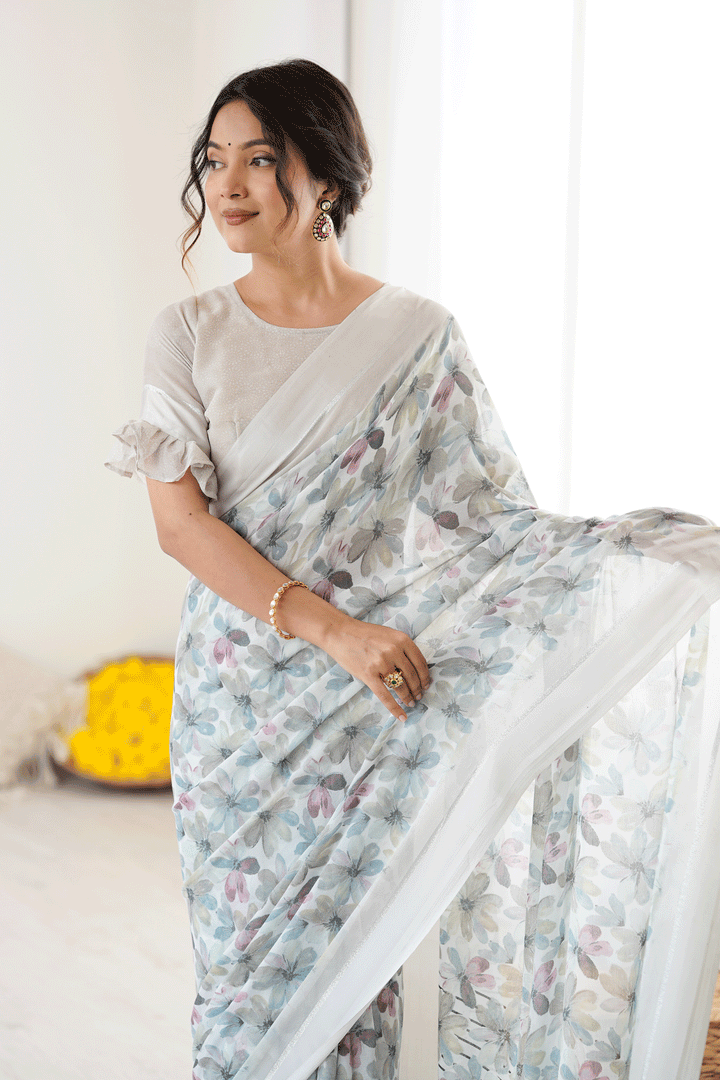 Tempting Fancy Fabric Grey Color Floral Printed Saree