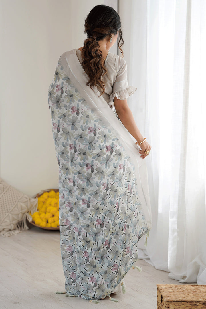 Tempting Fancy Fabric Grey Color Floral Printed Saree