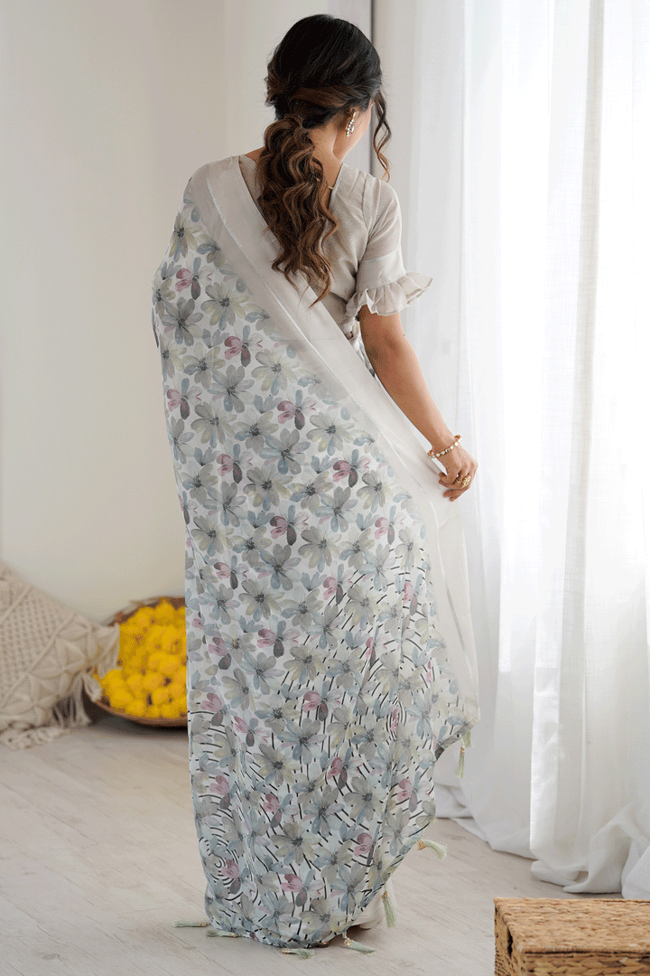 Tempting Fancy Fabric Grey Color Floral Printed Saree