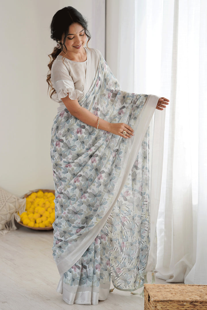 Tempting Fancy Fabric Grey Color Floral Printed Saree
