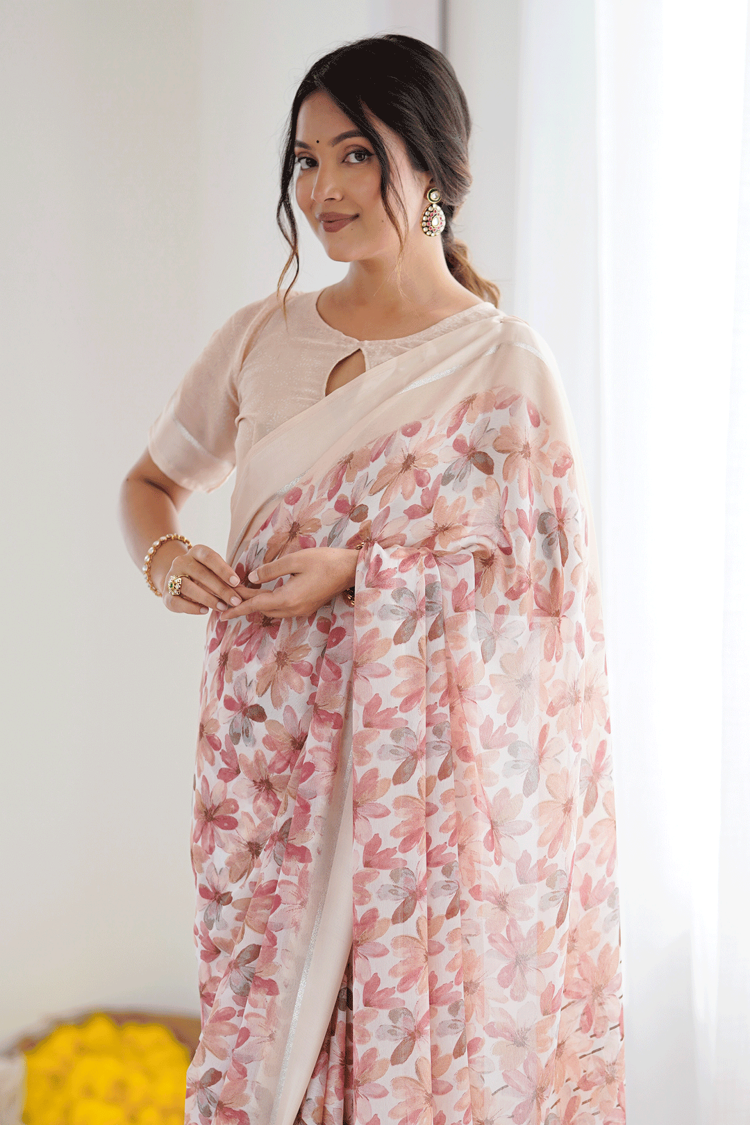 Classic Peach Color Floral Printed Saree In Fancy Fabric