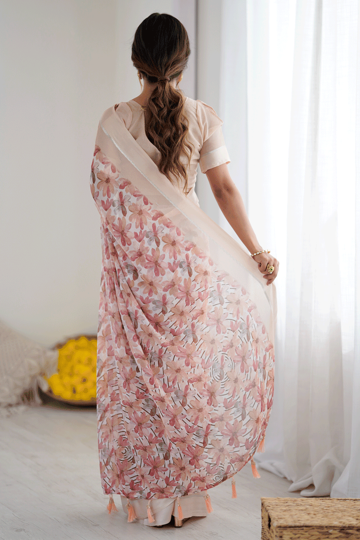 Classic Peach Color Floral Printed Saree In Fancy Fabric