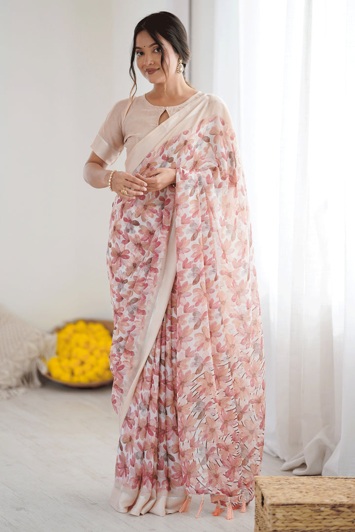 Classic Peach Color Floral Printed Saree In Fancy Fabric