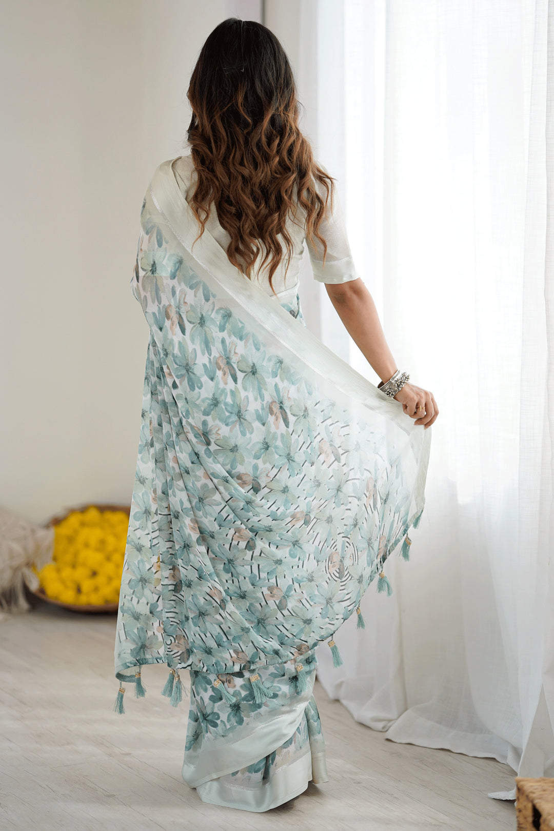 Sober Green Color Fancy Fabric Floral Printed Saree