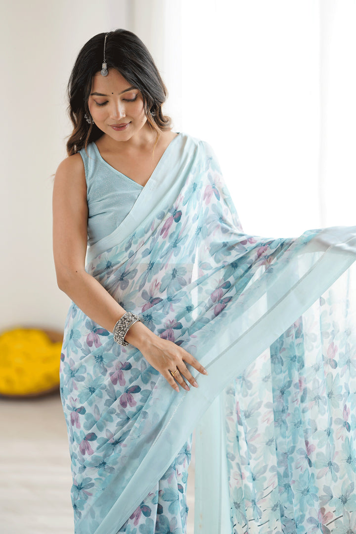 Beguiling Sky Blue Color Fancy Fabric Floral Printed Saree