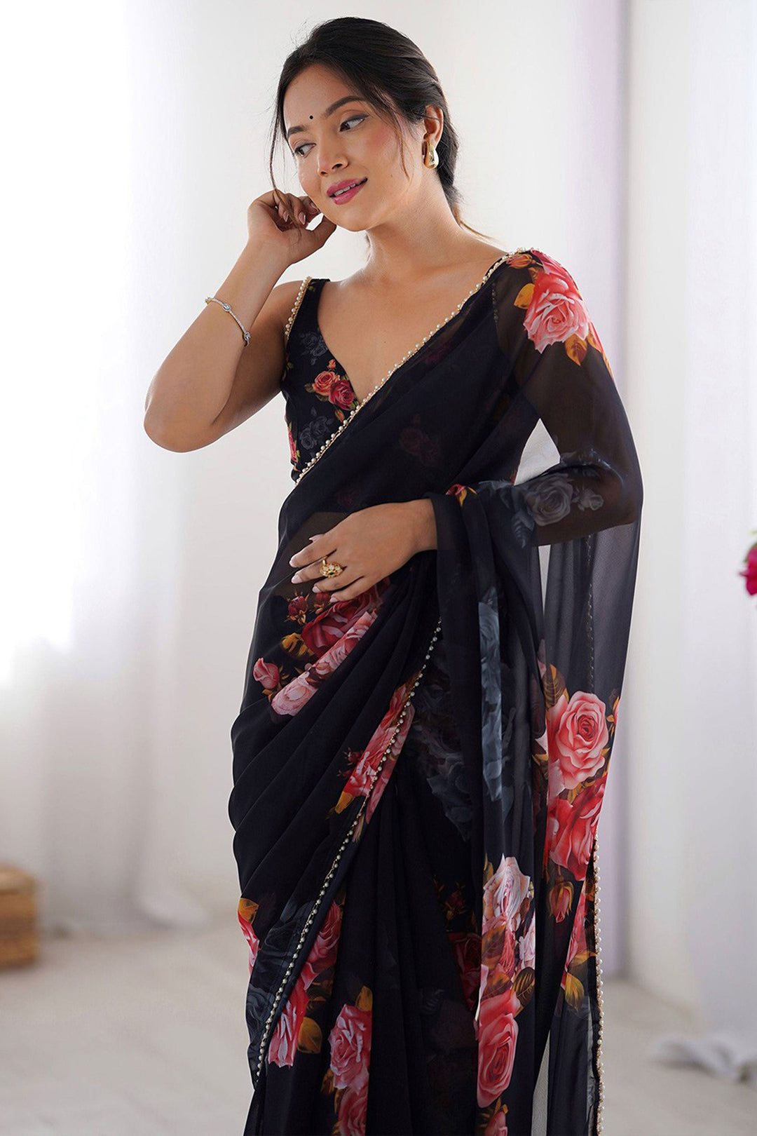 Digital Printed Soothing Georgette Saree In Black Color