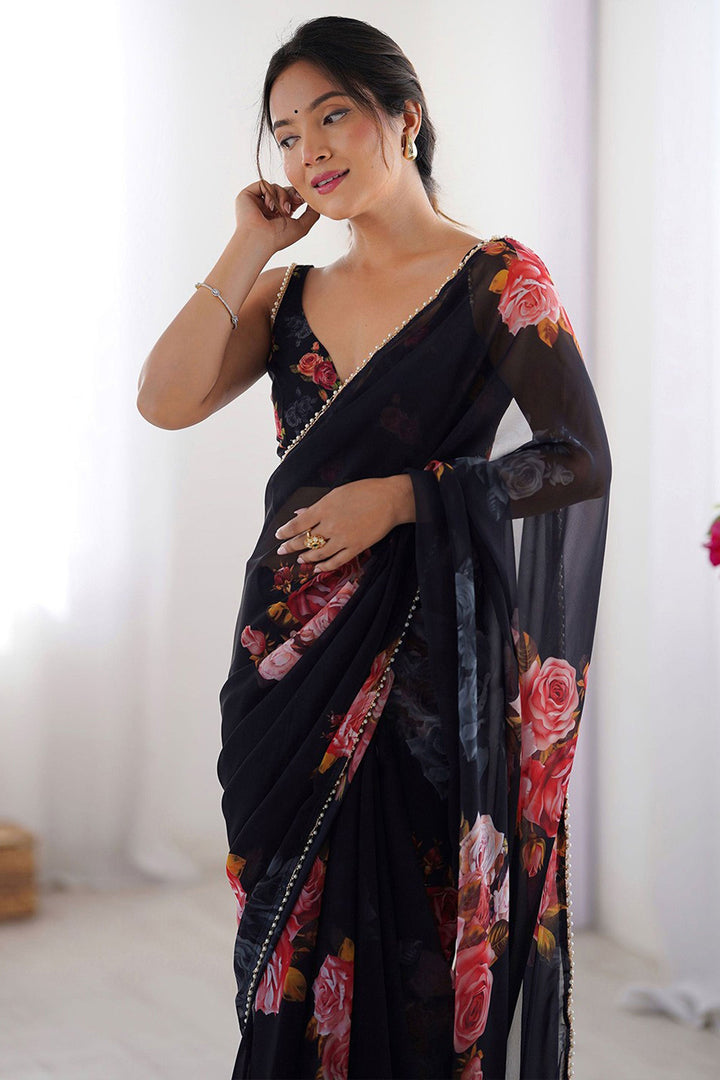 Digital Printed Soothing Georgette Saree In Black Color