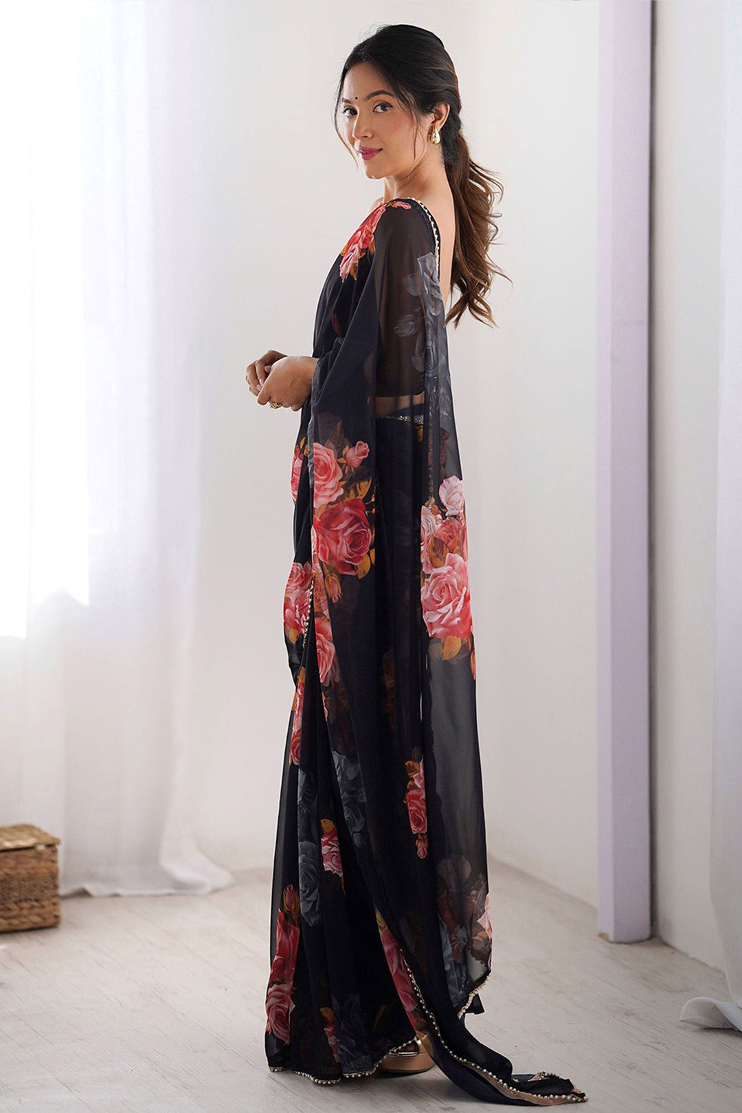 Digital Printed Soothing Georgette Saree In Black Color