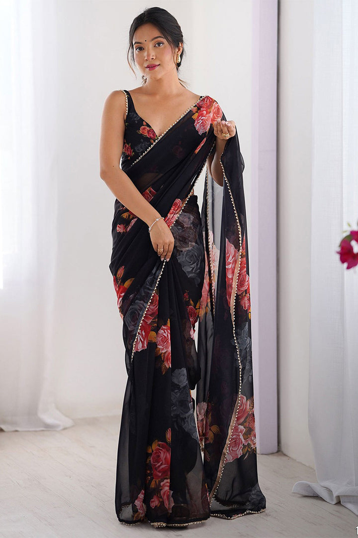 Digital Printed Soothing Georgette Saree In Black Color