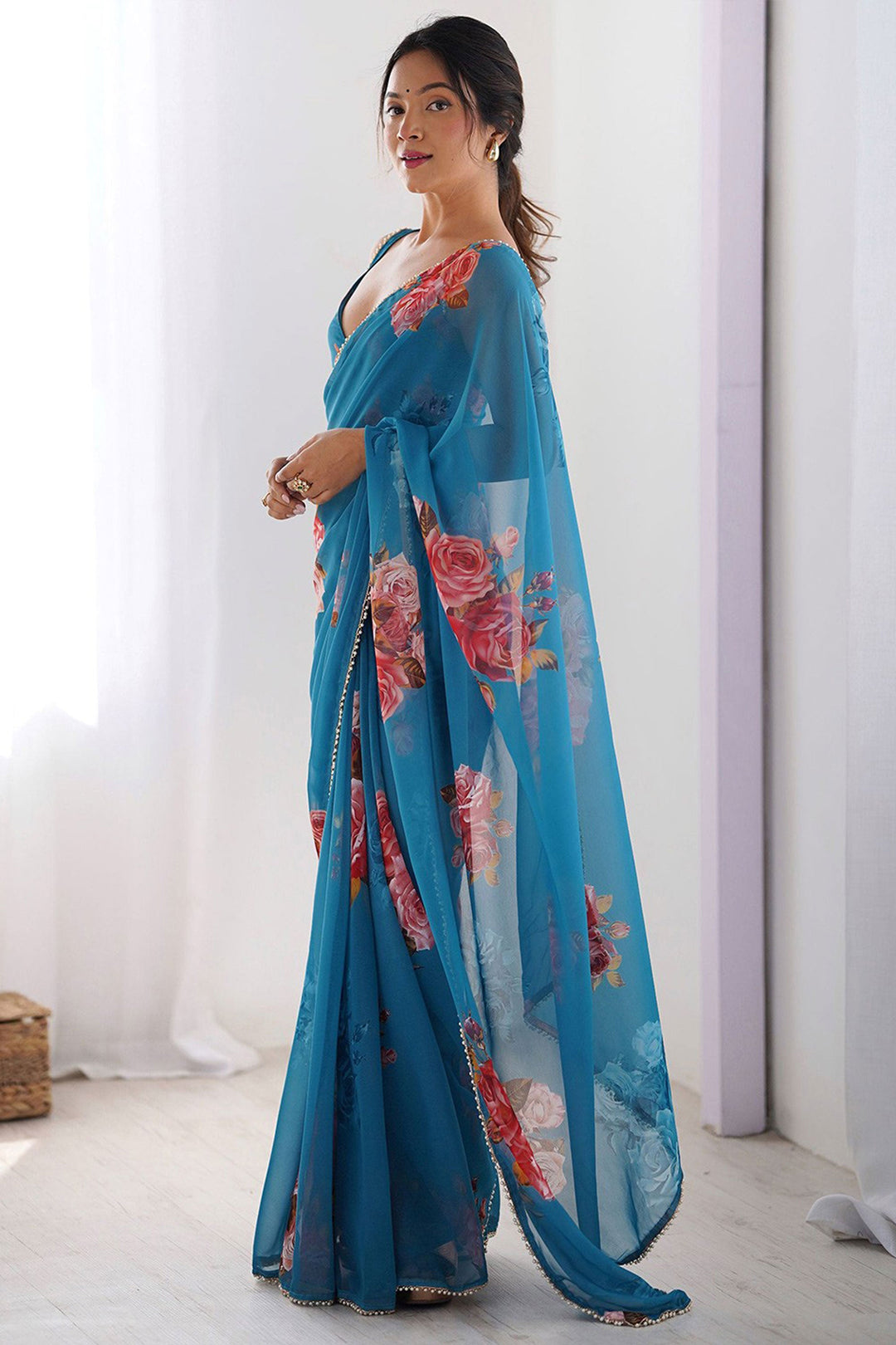 Blue Color Glorious Georgette Digital Printed Saree | Buy Online India