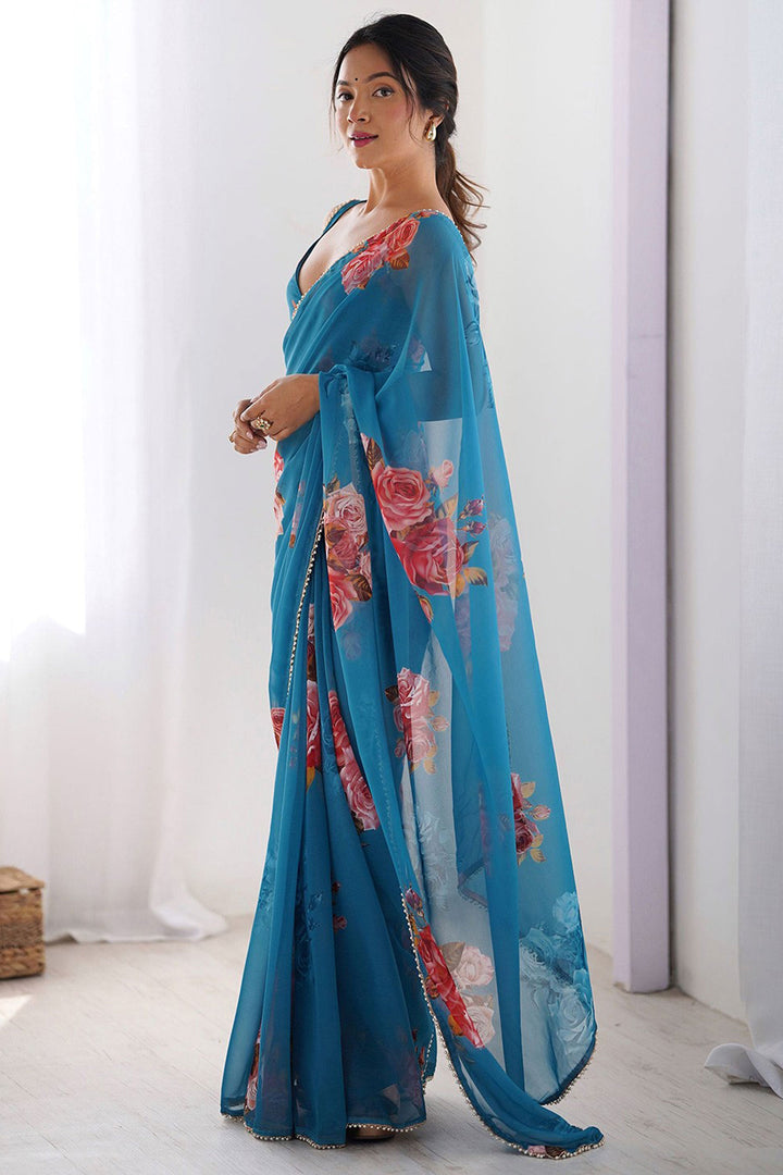 Blue Color Glorious Georgette Digital Printed Saree | Buy Online India
