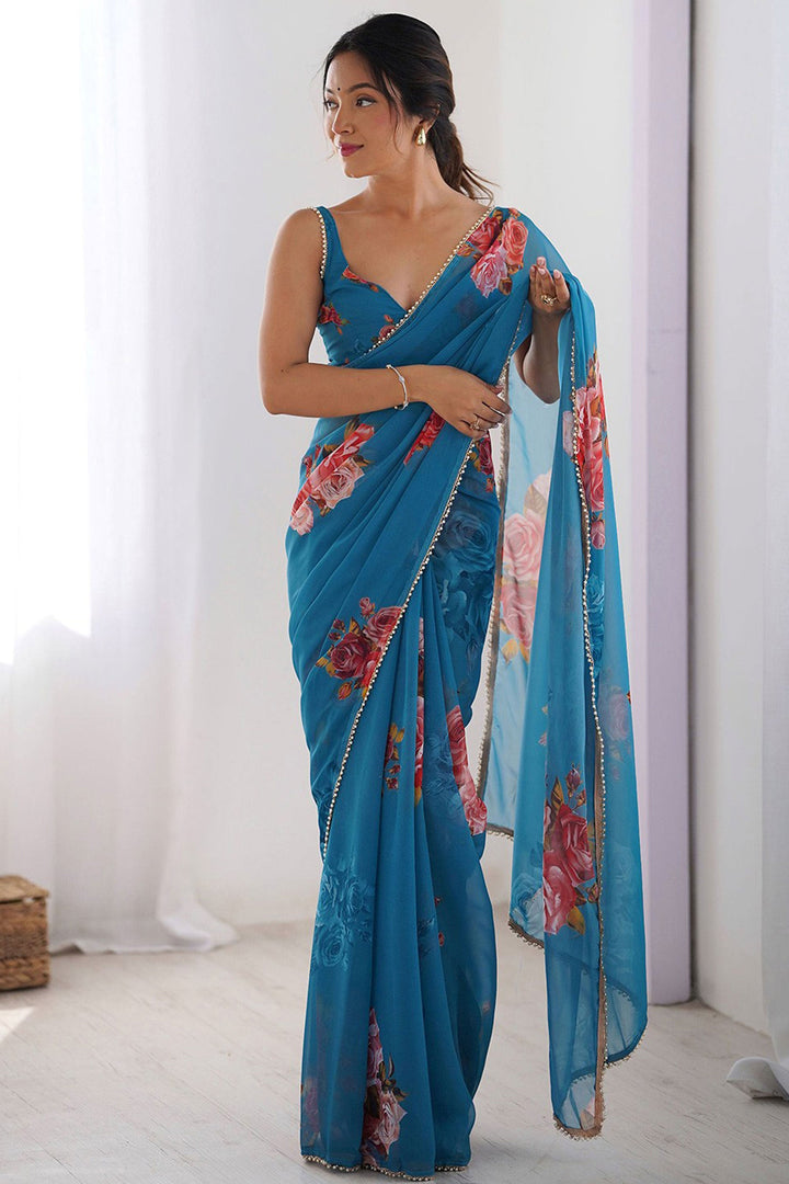 Blue Color Glorious Georgette Digital Printed Saree | Buy Online India