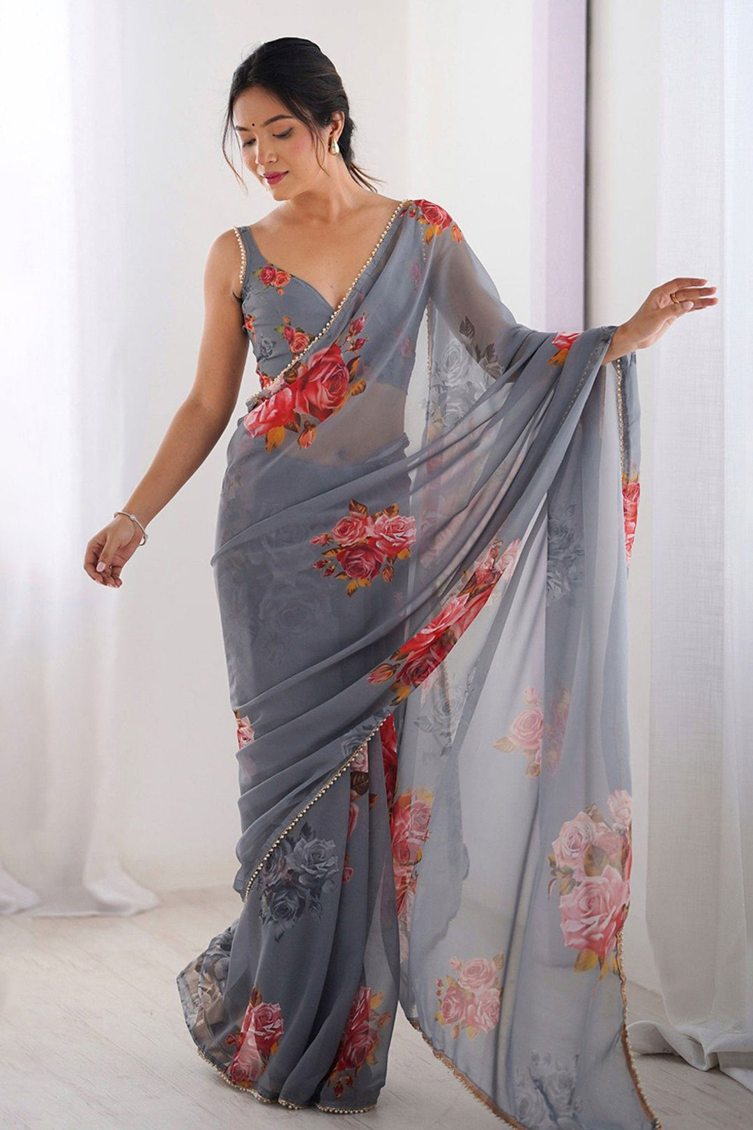 Delicate Grey Color Digital Printed Georgette Saree