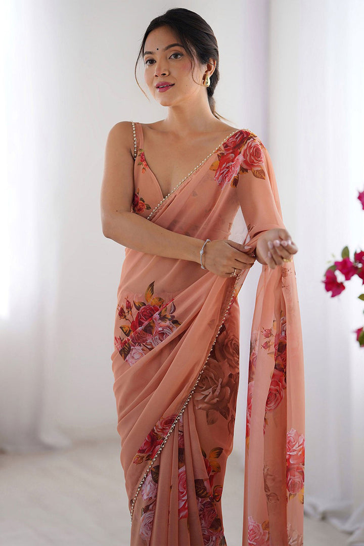 Peach Color Digital Printed Glamorous Georgette Saree | Buy Online India