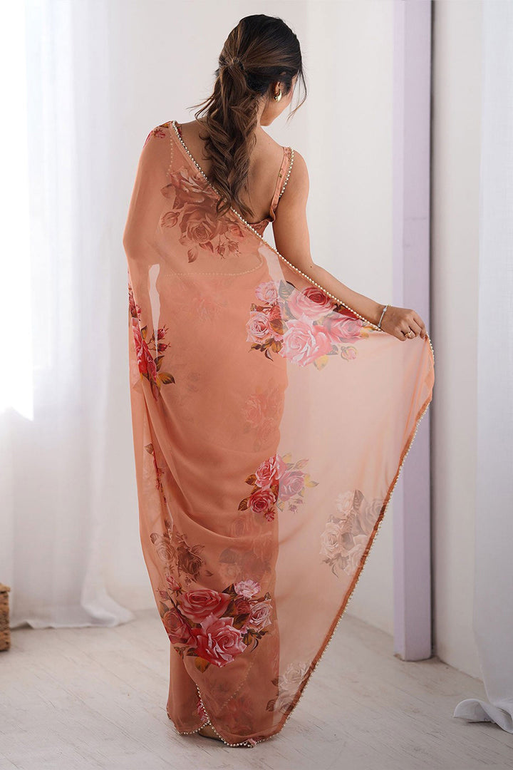 Peach Color Digital Printed Glamorous Georgette Saree | Buy Online India
