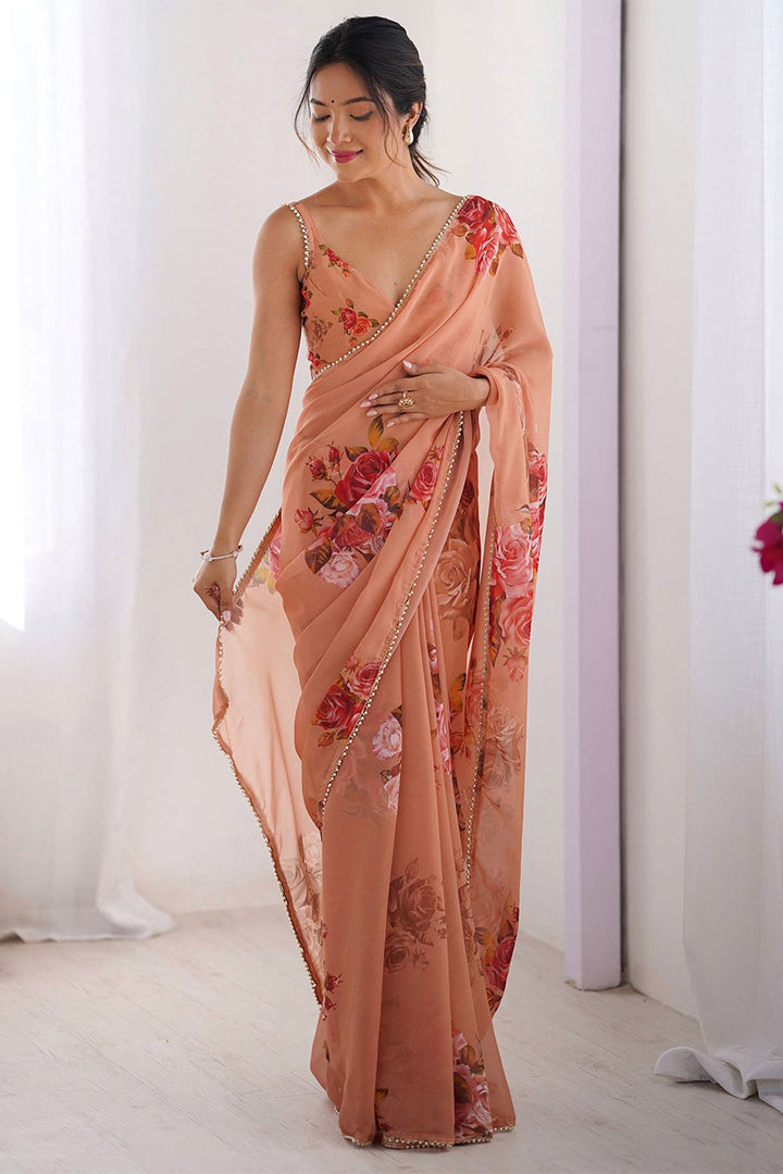 Peach Color Digital Printed Glamorous Georgette Saree | Buy Online India