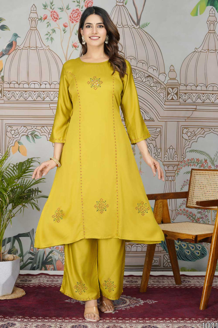 Marvelous Gaji Silk Fabric Readymade Pocket Inside Kurti Bottom Set In Yellow Color