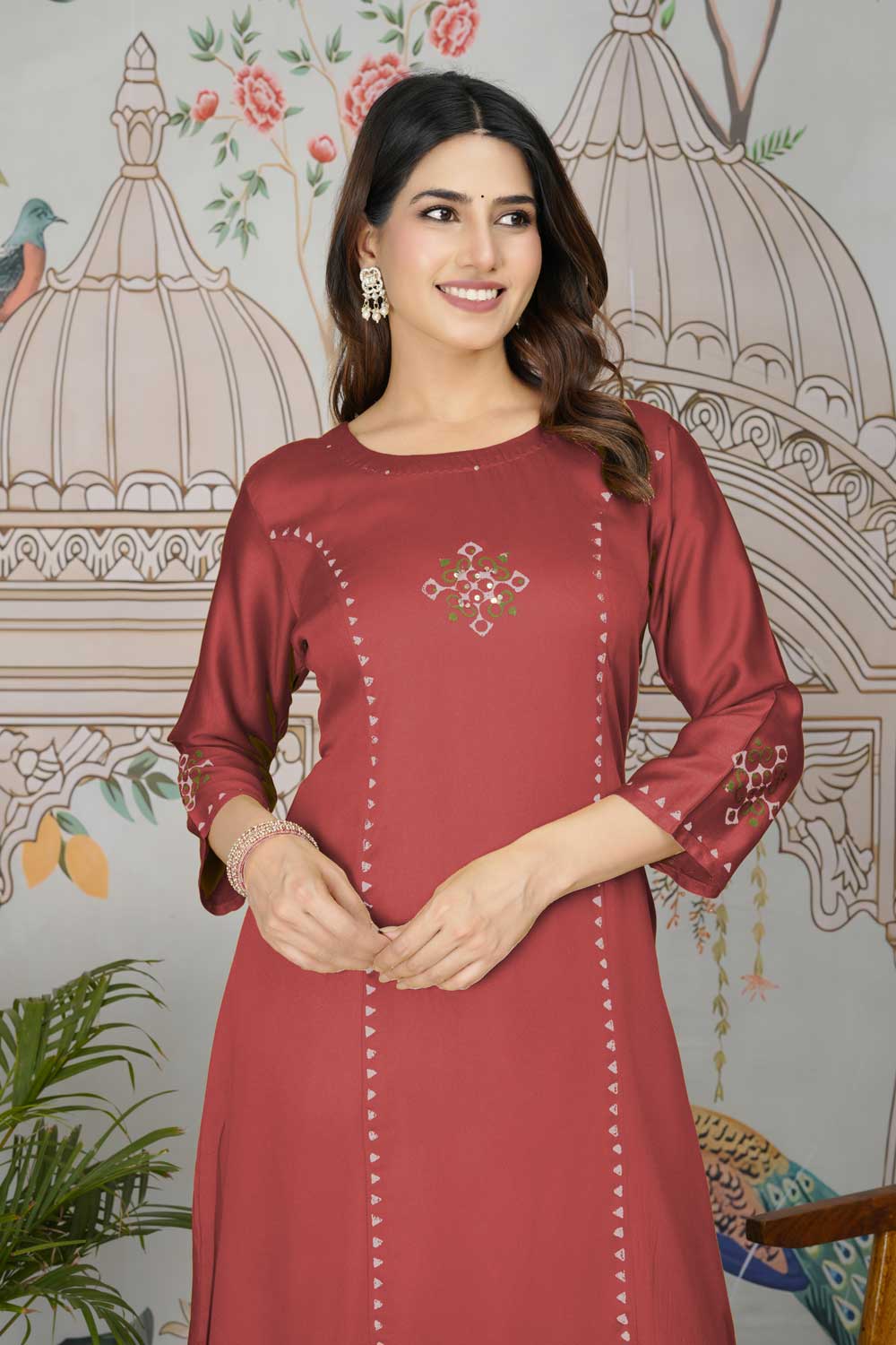 Attractive Gaji Silk Fabric Red Color Readymade Pocket Inside Kurti Bottom Set
