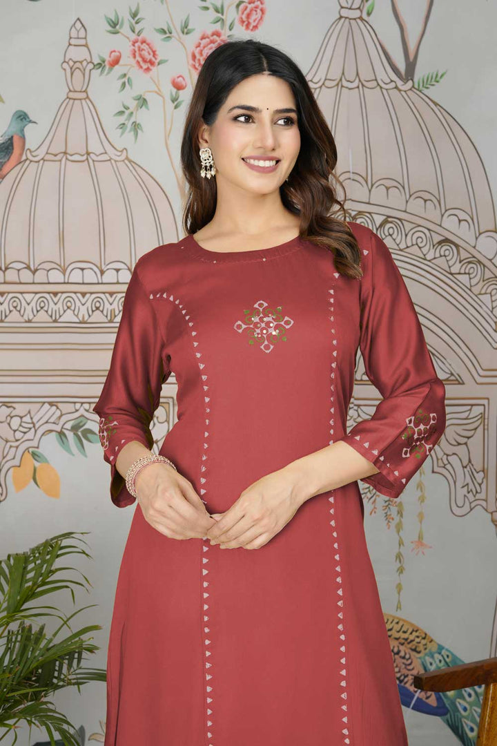 Attractive Gaji Silk Fabric Red Color Readymade Pocket Inside Kurti Bottom Set
