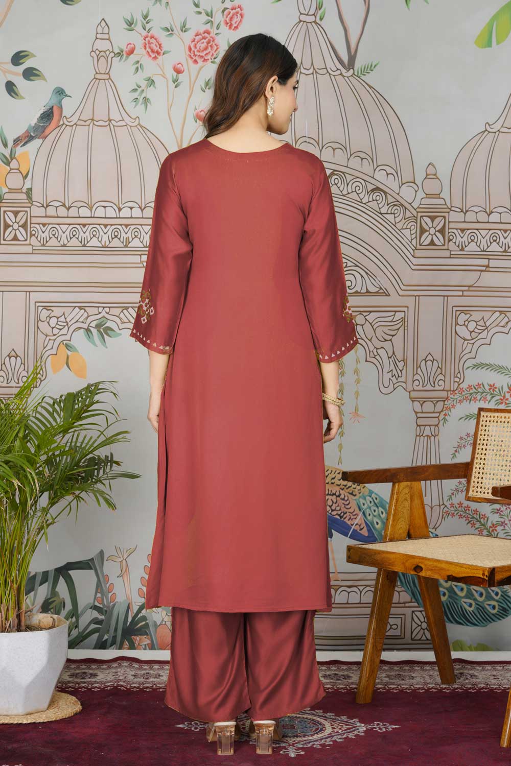 Attractive Gaji Silk Fabric Red Color Readymade Pocket Inside Kurti Bottom Set